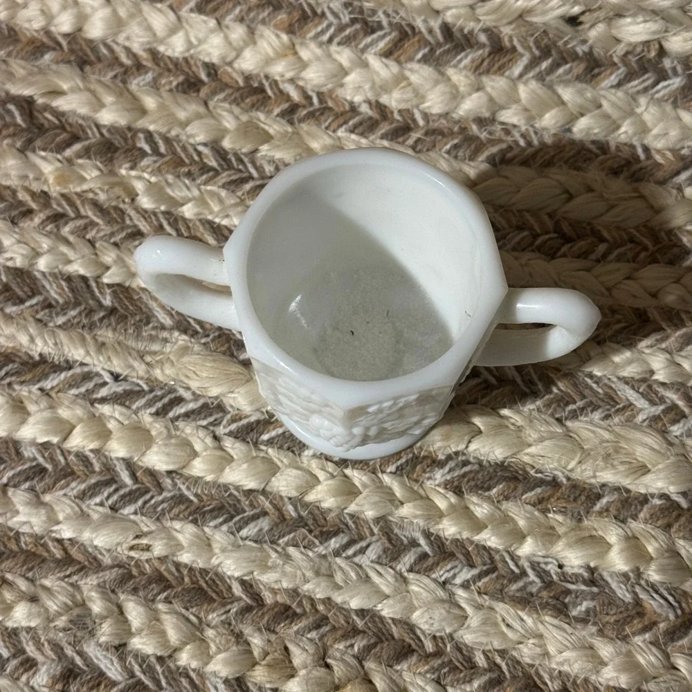 Vintage Milk Glass Sugar‎ Bowl Creamer Embossed Grapes Leaves Footed Two Handles